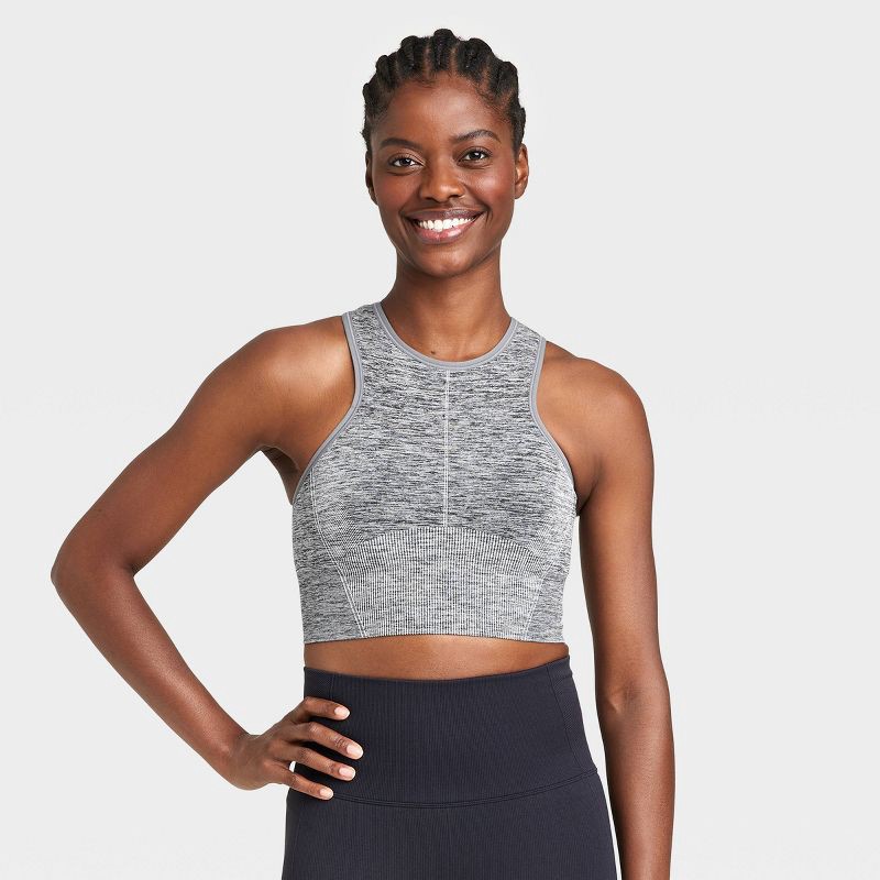 Women's Medium Support Seamless High-Neck Sports Bra - All in Motion  Heathered Black XS 1 ct