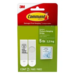 Command 5lbs Picture Hanging Strips White: Damage-Free Wall Adhesive, Art & Stationery Mounting, 2-Pack