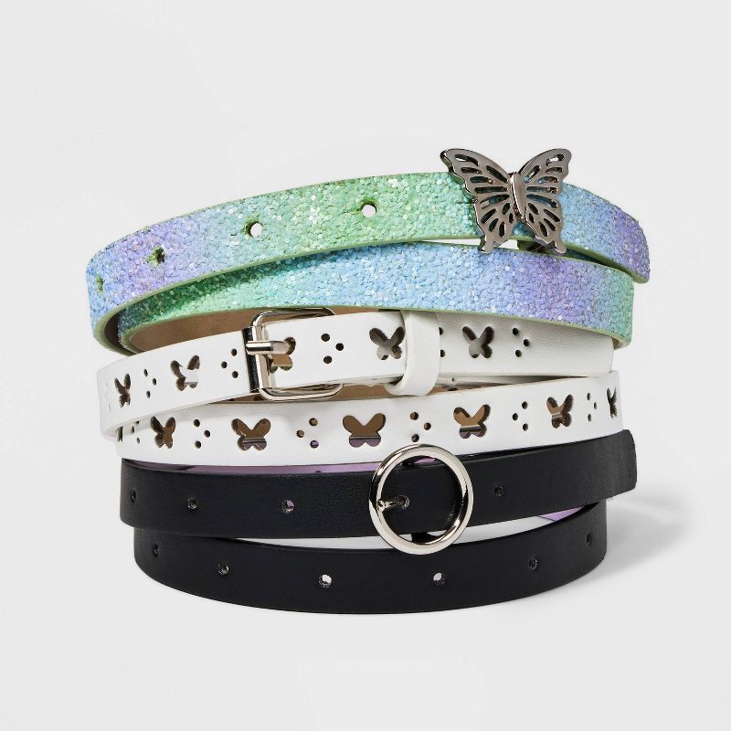 slide 1 of 3, Kids' 3pk Butterfly Themed Belt Set - Cat & Jack™ Purple/White/Black M: Adjustable Waistband, Skinny Style, 3 ct