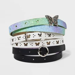 Kids&#x27; 3pk Butterfly Themed Belt Set - Cat &amp; Jack™ Purple/White/Black M: Adjustable Waistband, Skinny Style