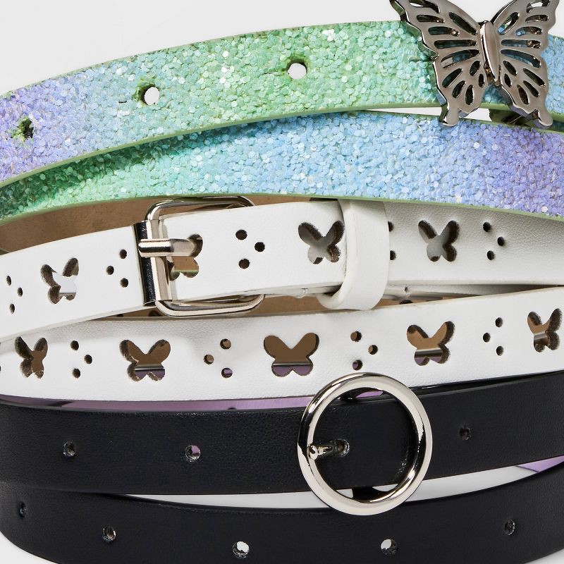 slide 3 of 3, Girls' 3pk Butterfly Themed Belt Set - Cat & Jack™ Purple/White/Black L: Adjustable Waist, Skinny Style, 3 ct