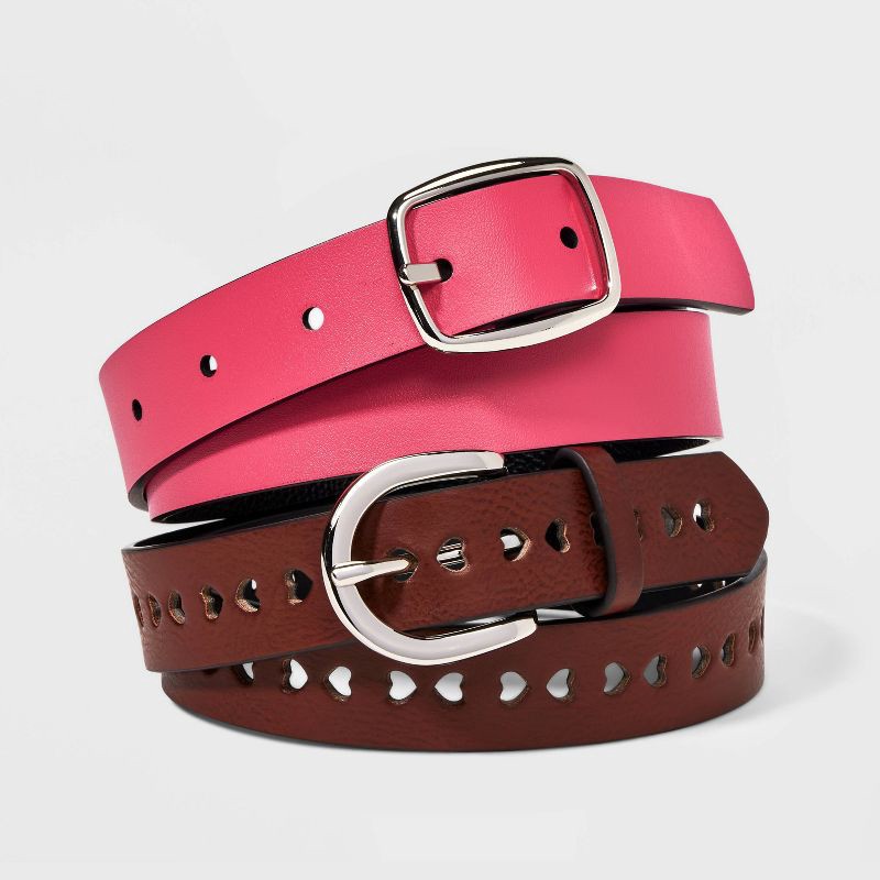 slide 3 of 4, Girls' 2pk Belt Set - Cat & Jack™ Black/Brown M: Seamless, Reversible, Solid, Hearts Pattern, 2 ct