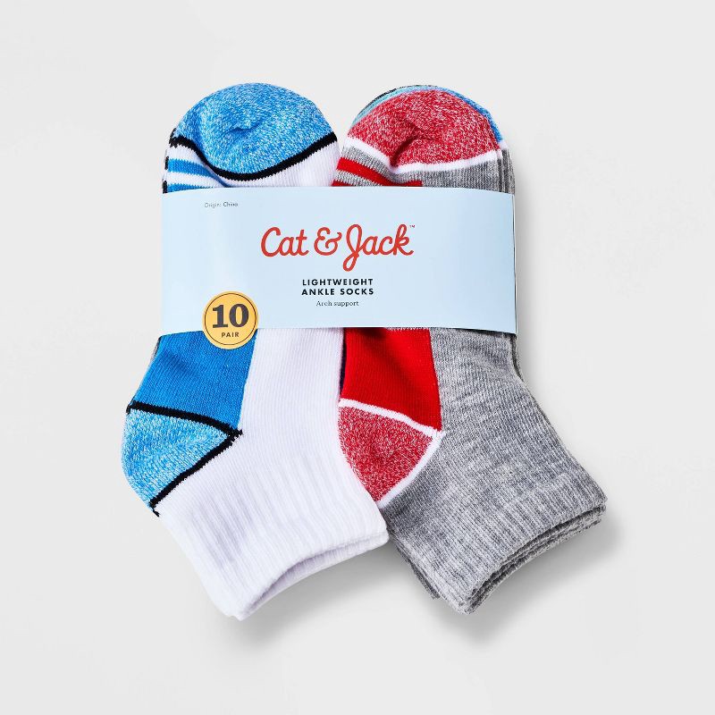 slide 2 of 3, Boys' 10pk Striped Lightweight Ankle Socks - Cat & Jack™ White/Gray M, 10 ct