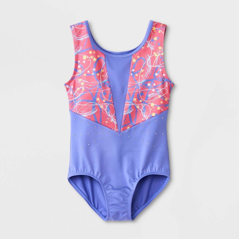 slide 1 of 4, Girls' Gymnastics 'Scribbles' Pull-On Leotard - Cat & Jack Periwinkle Blue L, 1 ct