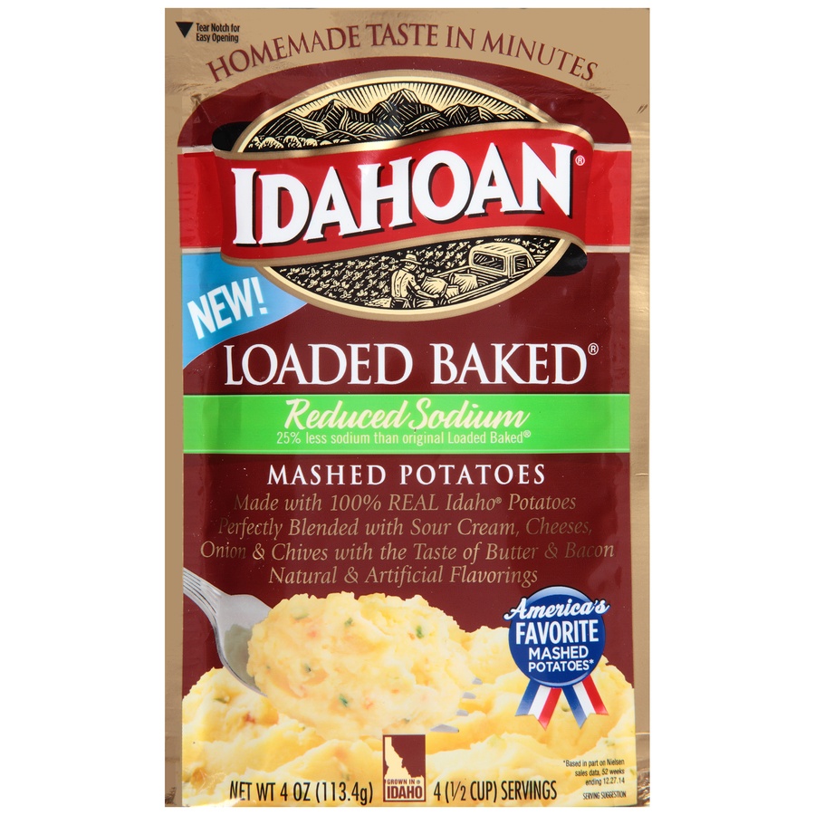 slide 1 of 6, Idahoan Loaded Baked Reduced Sodium Mashed Potatoes, 4 oz