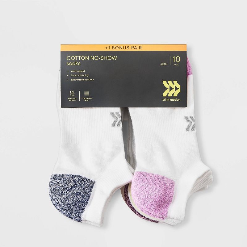 slide 2 of 3, Women's 10+1 Bonus Pack Cushioned Marled Heel/Toe No Show Athletic Socks - All In Motion™ White 4-10, 1 ct