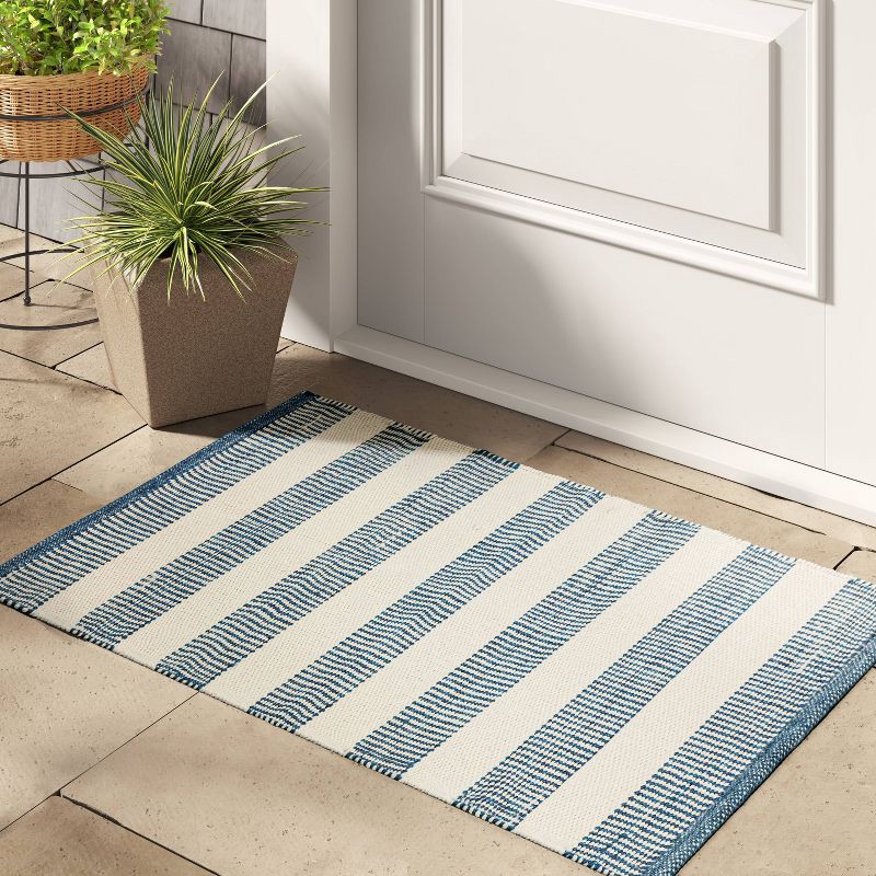 slide 2 of 4, Threshold designed w/Studio McGee 2'x3' Rectangular Hand Made Woven Outdoor Accent Rug Striped Ivory/Blue - Threshold™ designed with Studio McGee, 1 ct