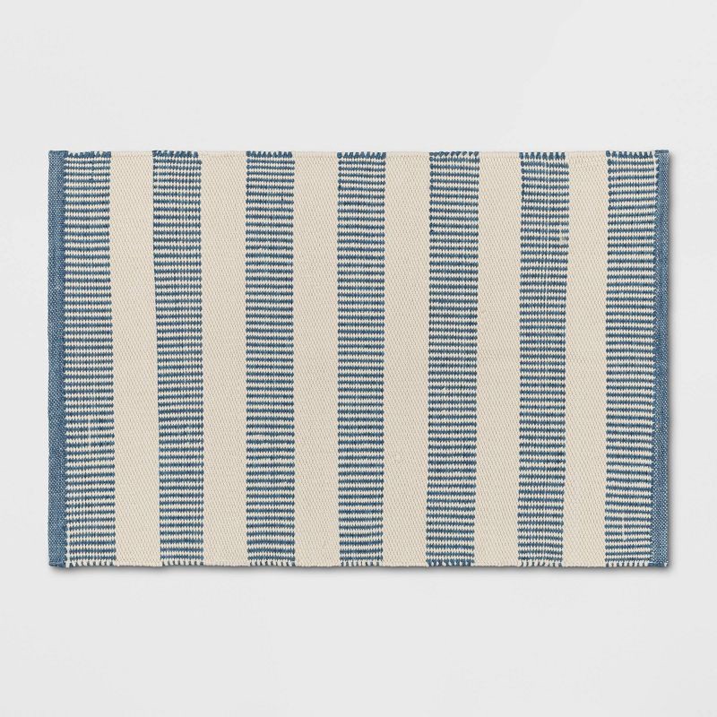 slide 1 of 4, Threshold designed w/Studio McGee 2'x3' Rectangular Hand Made Woven Outdoor Accent Rug Striped Ivory/Blue - Threshold™ designed with Studio McGee, 1 ct