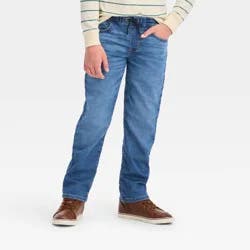 Boys' Straight Pull-On Pants - Cat & Jack™ Medium Wash 12: Lightweight Dobby Fabric, Elastic Waistband
