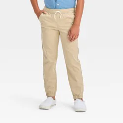 Boys' Stretch Woven Jogger Pull-On Pants - Cat & Jack™ Beige 8: Cotton-Spandex Blend, Midweight, Elastic Waist, Tapered Leg