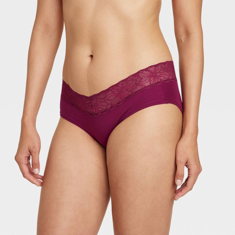 Women's Cotton Hipster Underwear with Lace Waistband - Auden™ Berry Purple  XS
