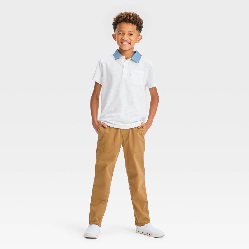 slide 3 of 3, Boys' Straight Fit Woven Pull-On Pants - Cat & Jack™ Dark Brown 4: Cotton Spandex Blend, Reinforced Knees, 1 ct