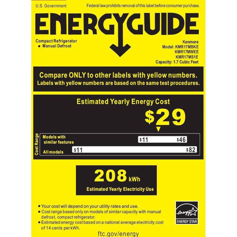 slide 6 of 6, Kenmore 1.7 cu-ft Refrigerator - Black: Compact Dorm Fridge, Energy Star, Reversible Door, Adjustable Thermostat, 1 ct