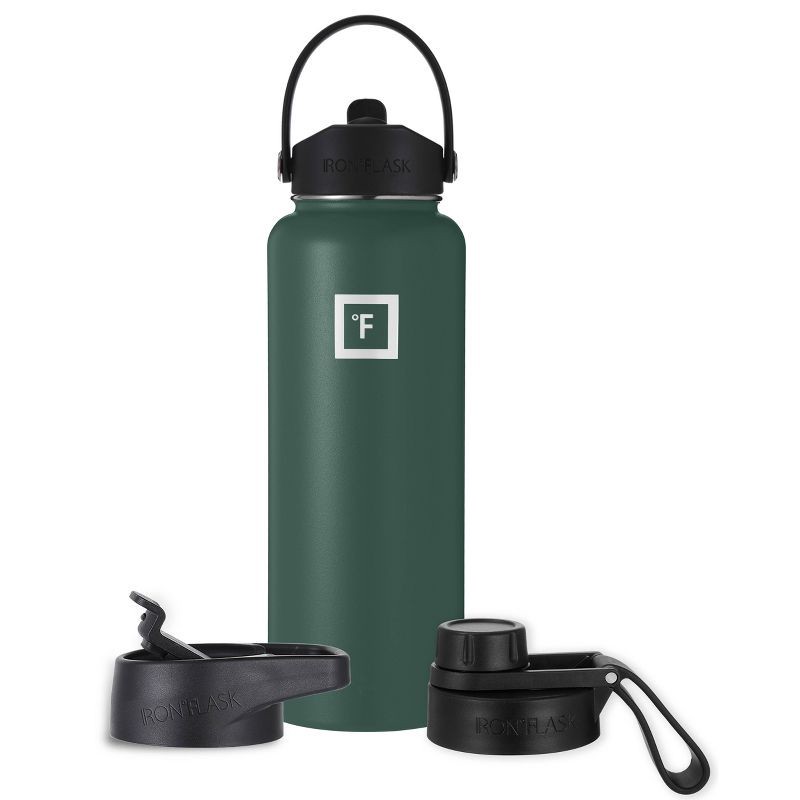 slide 1 of 6, IRON FLASK 40oz Stainless Steel Wide Mouth Hydration Bottle with Flex Straw Lid Dark Pine, 40 oz