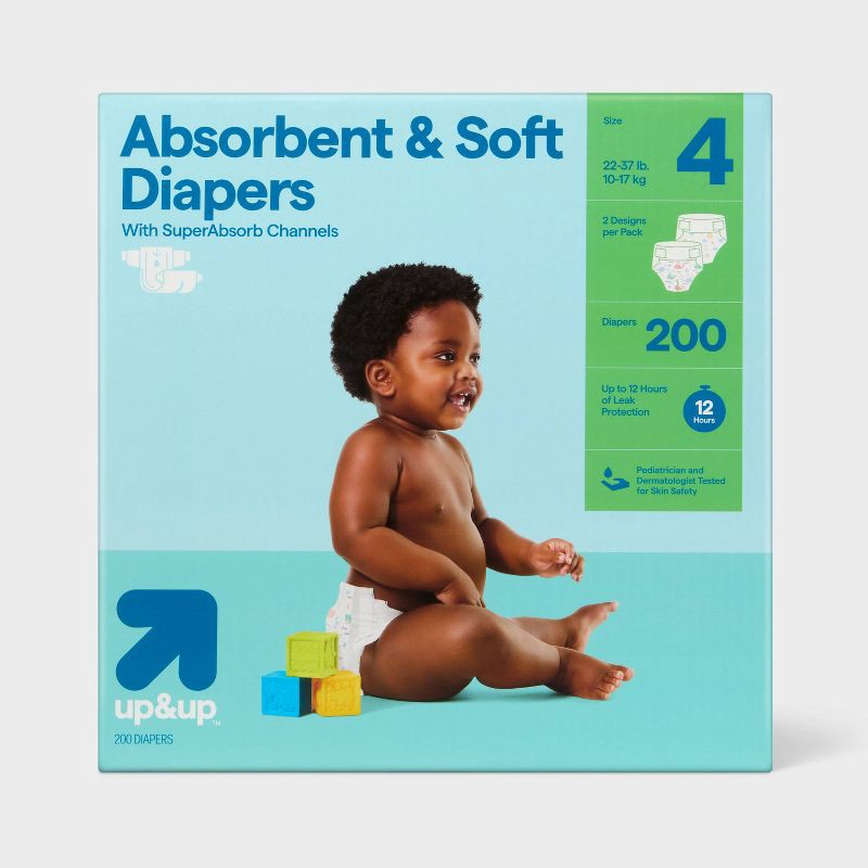 slide 1 of 9, Disposable Diapers - Size 4 - 200ct - up&up™: Absorption Channels, Wetness Indicator, Hypoallergenic, 4 x 200 ct