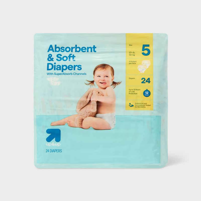 slide 1 of 9, Disposable Diapers - Size 5 - 24ct - up&up™: 27+ lbs, Hypoallergenic, Dermatologist Tested, Wetness Indicator, 5 pk; 24 ct