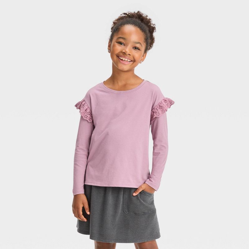 slide 1 of 3, Girls' Long Sleeve Eyelet T-Shirt - Cat & Jack Light Purple L, 1 ct