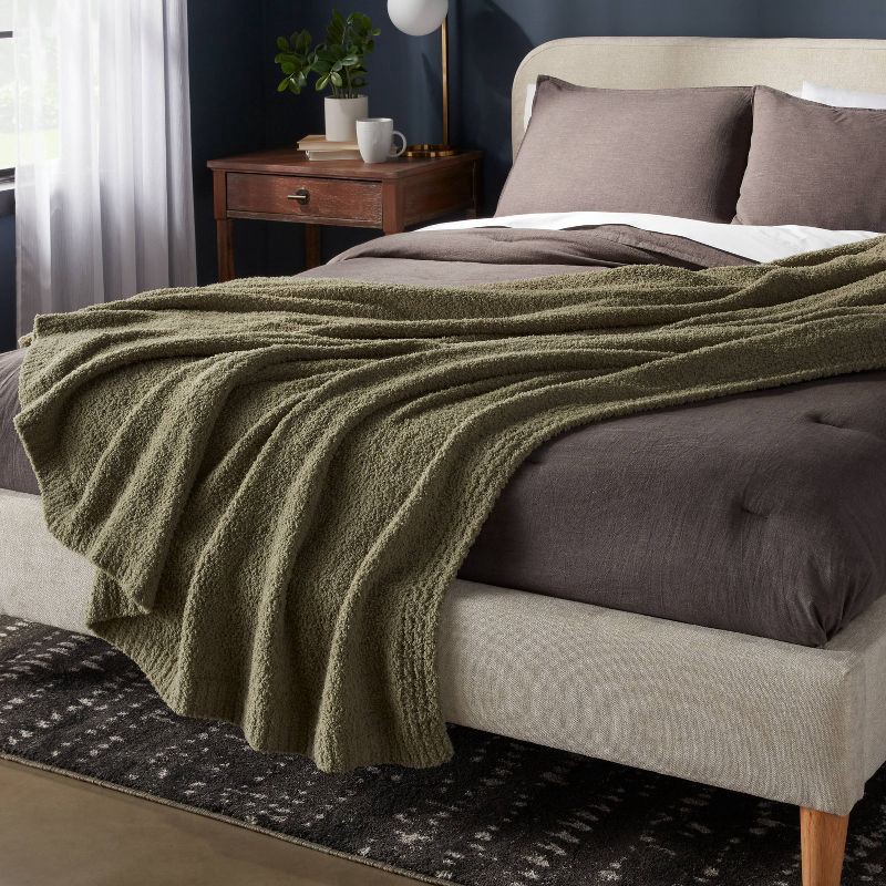 slide 2 of 3, Full/Queen Cozy Chenille Bed Blanket Restful Green - Threshold™: Midweight, Knitted, Machine Washable, 1 ct