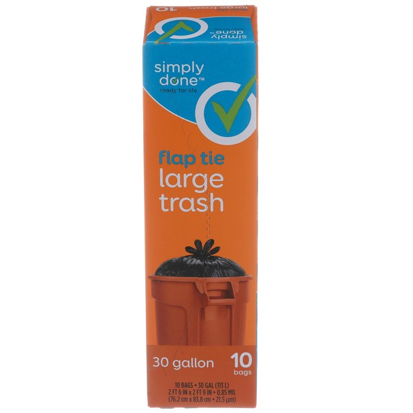 slide 1 of 1, Simply Done Flap Tie Large Trash Bags 30Gal, 10 ct
