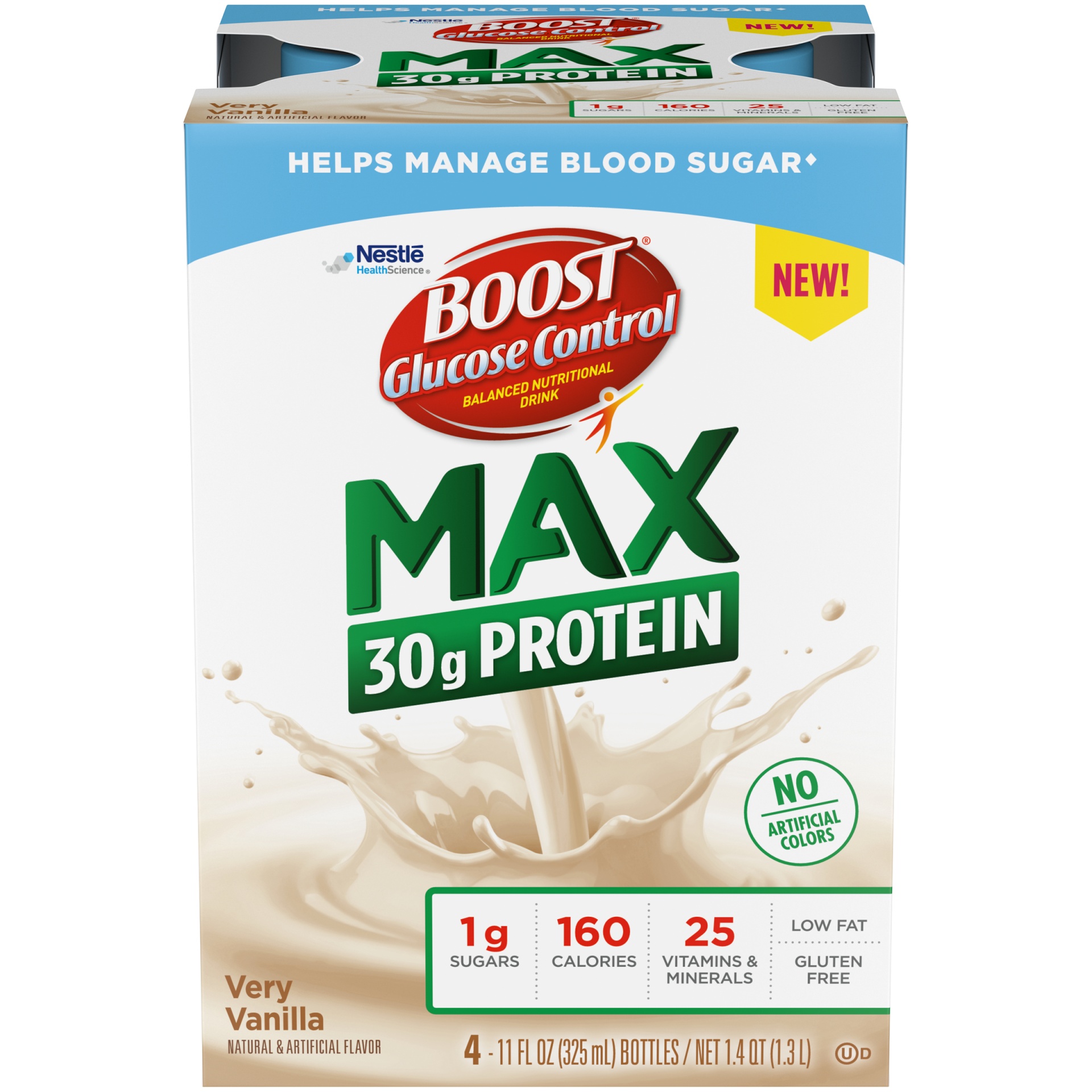 slide 1 of 3, Boost Glucose Control Max 30G Protein Ready To Drink Nutritional Drink, Very Vanilla, 4 ct