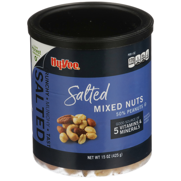 slide 1 of 1, Hy-vee Salted 50% Peanuts Mixed Nuts, 15 oz