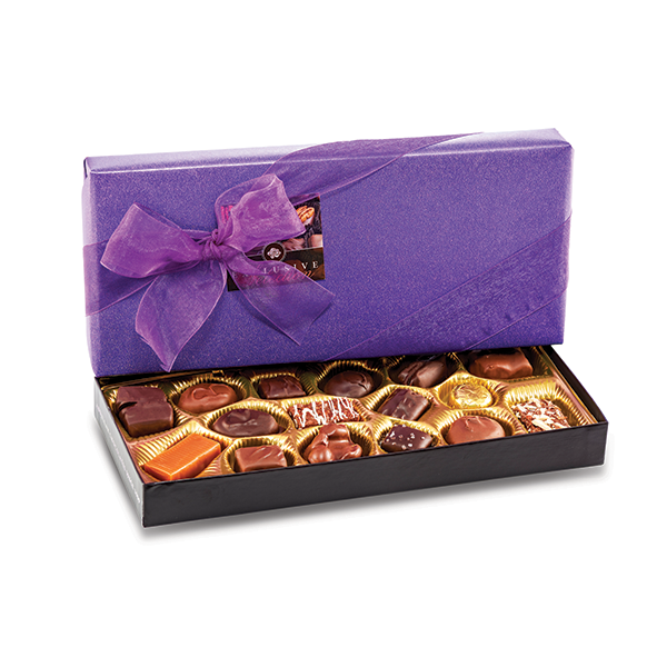 slide 1 of 1, Abdallah Candies Spring Exclusive Selection Chocolate Assortment Purple Gift Wrapped Box With Bow, 7.5 oz