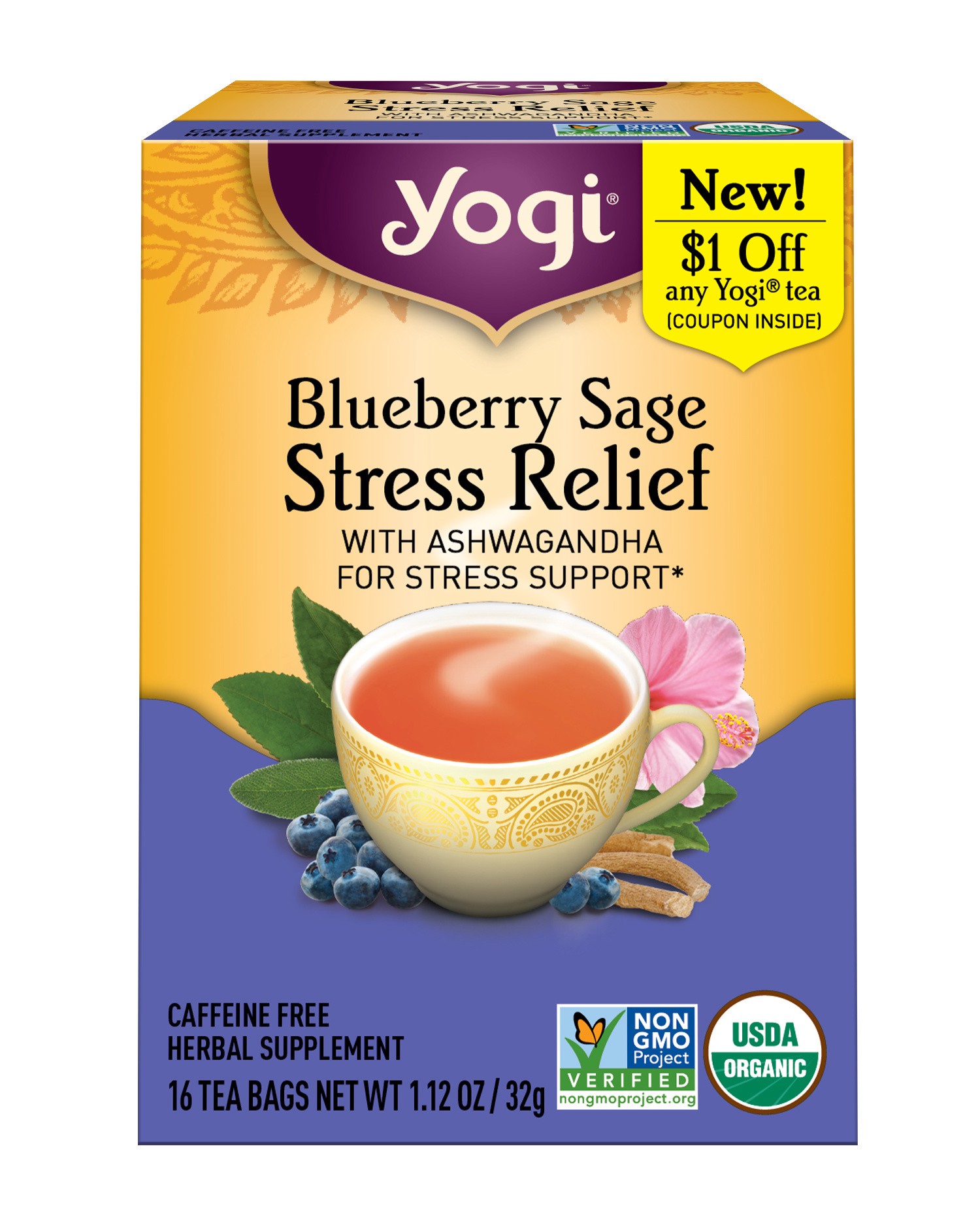 slide 2 of 5, Yogi Blueberry Sage Stress Relief with Ashwagandha 16 Tea Bags, 16 ct