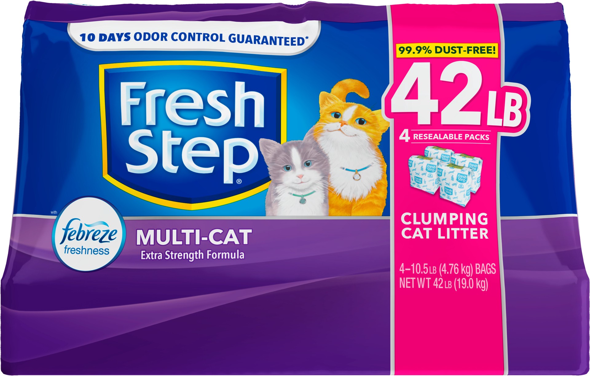 slide 1 of 5, Fresh Step Clumping Cat Litter Multi-Cat Extra Strength Formula With Febreze Freshness, Multi Cat Litter With Ammonia Block Technology, 42 lbs. (4 x 10.5 lb. Bag), 42 lb