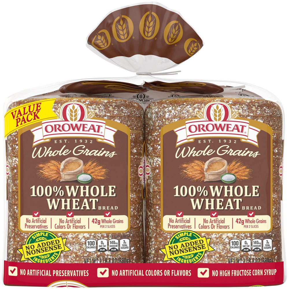 slide 1 of 9, Oroweat Whole Grains 100% Whole Wheat Bread, Twin Pack, 48 oz, 2 ct