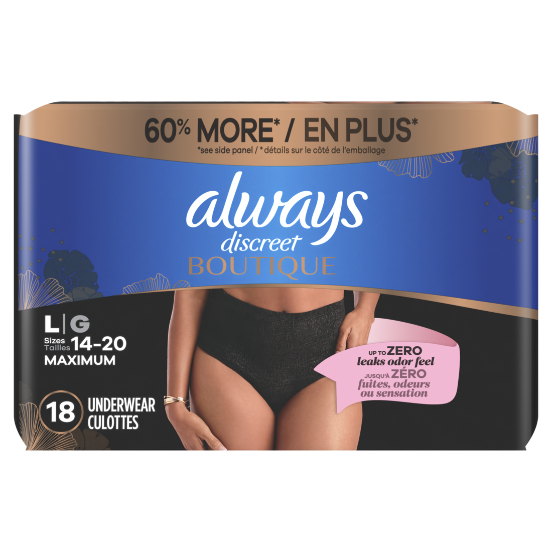 slide 1 of 11, Always Discreet Boutique Black Maximum Underwear - L - 18ct, 18 ct