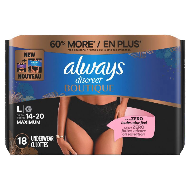 slide 7 of 11, Always Discreet Boutique Black Maximum Underwear - L - 18ct, 18 ct
