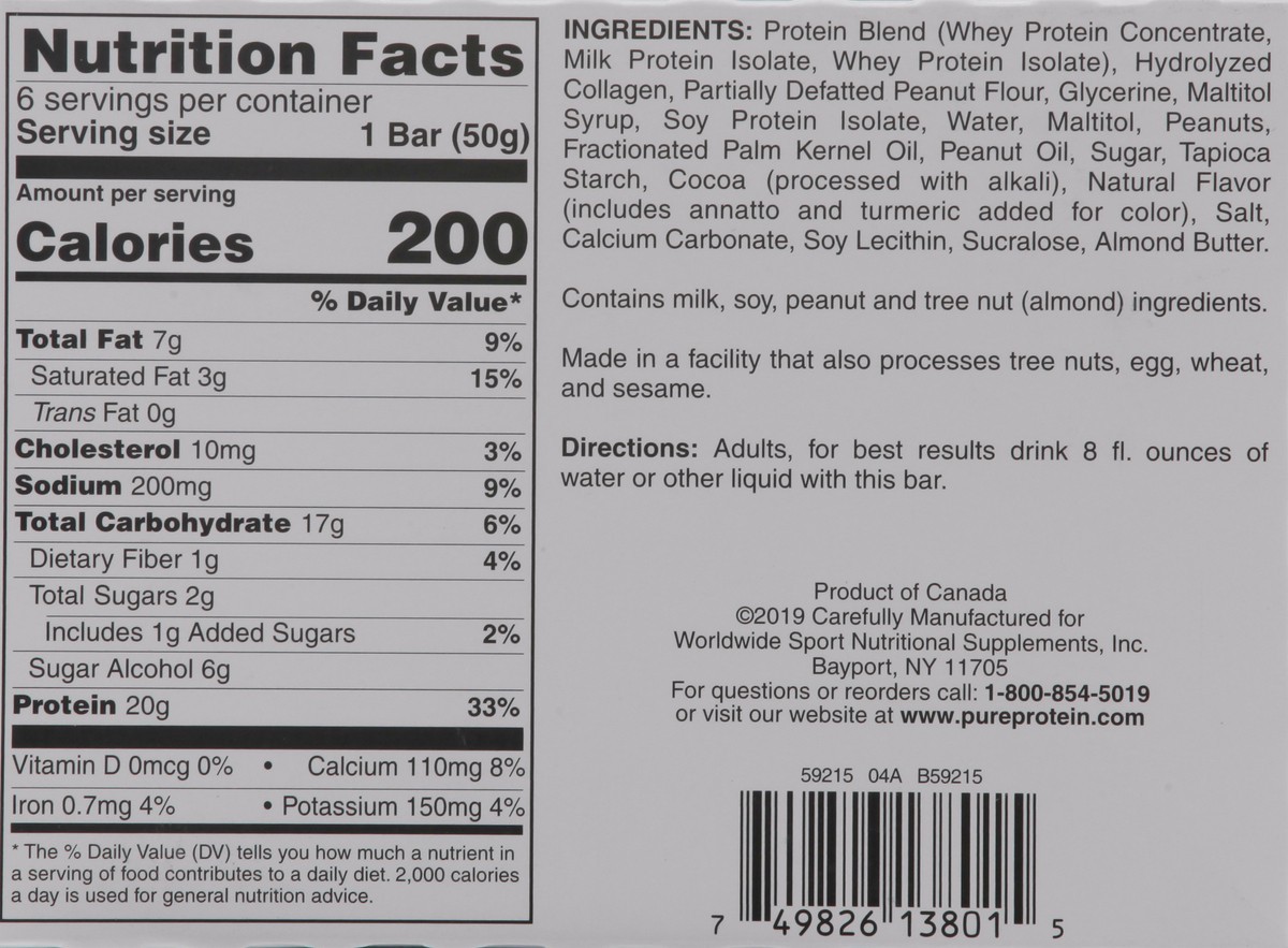 slide 6 of 13, Pure Protein Chocolate Peanut Butter Protein Bar 6 ea, 6 ct