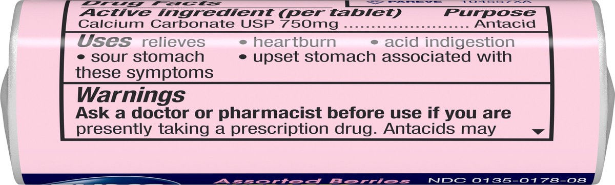 slide 5 of 14, TUMS Chewable Antacid Tablets for Extra Strength Heartburn Relief, Assorted Berries Flavors - 8 Count Roll, 8 ct
