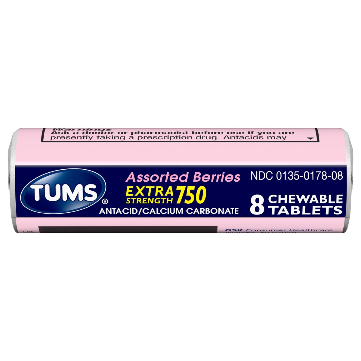 slide 7 of 14, TUMS Chewable Antacid Tablets for Extra Strength Heartburn Relief, Assorted Berries Flavors - 8 Count Roll, 8 ct