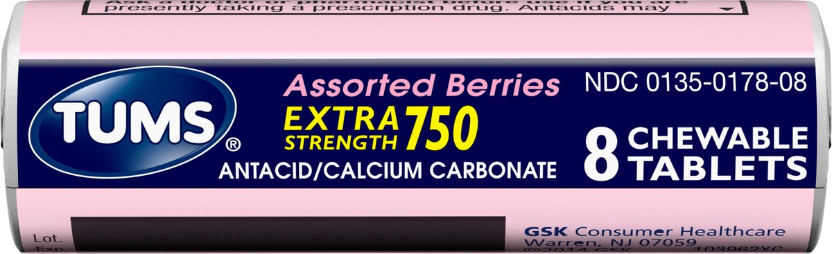 slide 11 of 14, TUMS Chewable Antacid Tablets for Extra Strength Heartburn Relief, Assorted Berries Flavors - 8 Count Roll, 8 ct