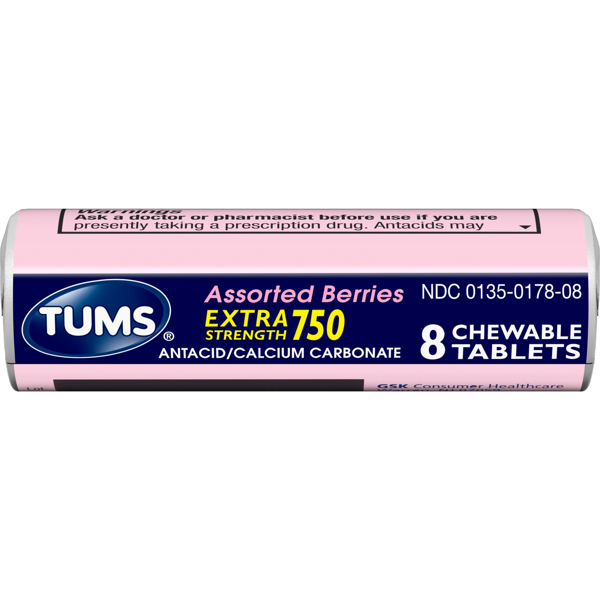 slide 1 of 1, TUMS Chewable Antacid Tablets for Extra Strength Heartburn Relief, Assorted Berries Flavors - 8 Count Roll, 8 ct