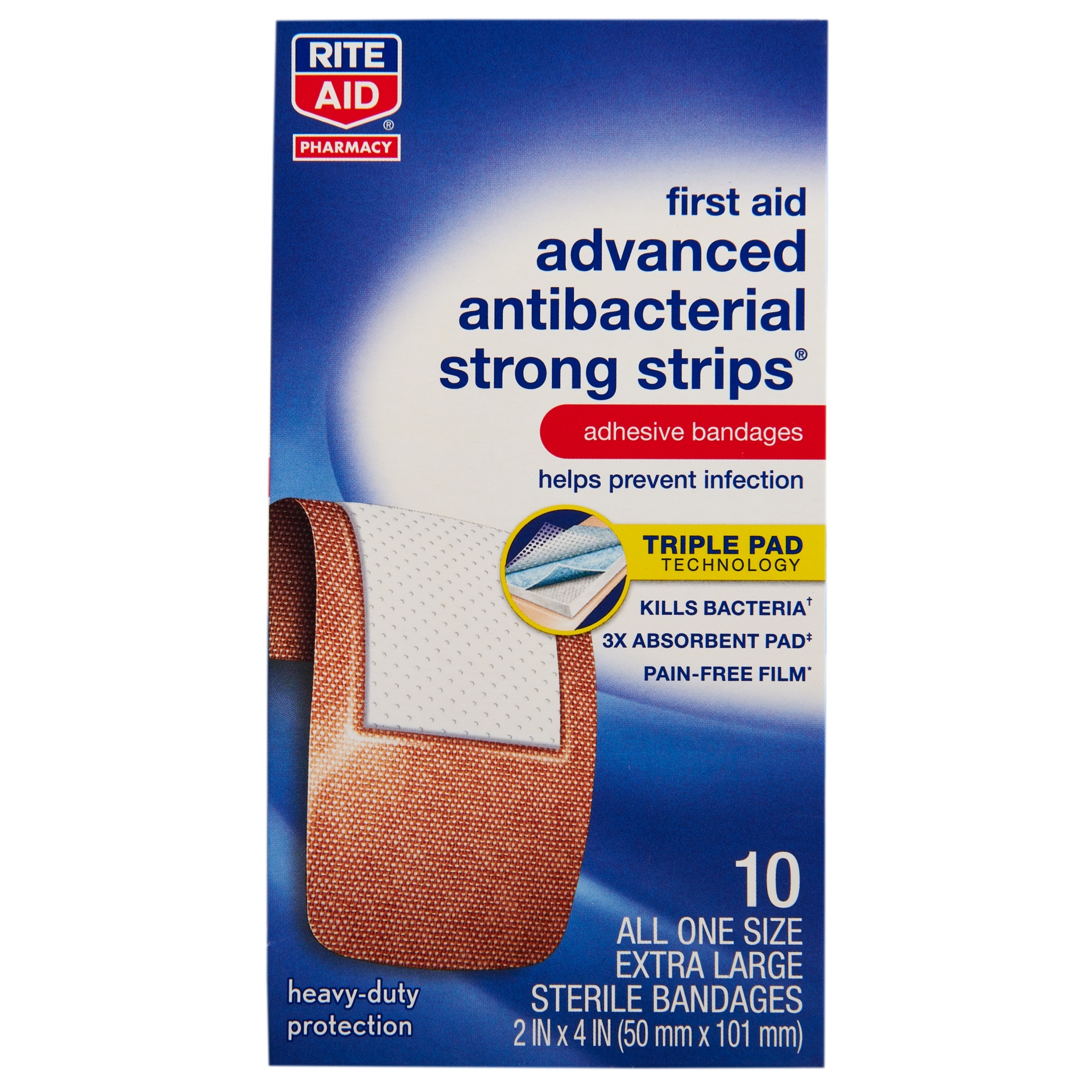 slide 1 of 1, Rite Aid Advanced Antibacterial Strong Strips, Adhesive Bandages XL, 10 ct