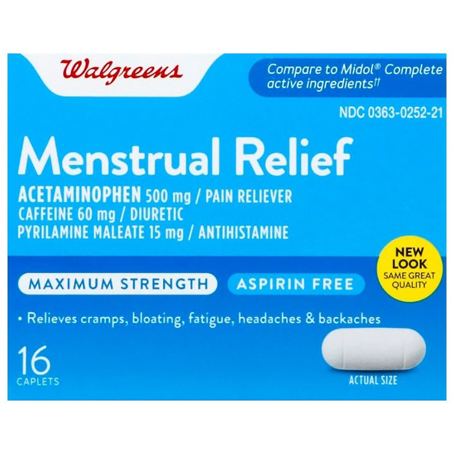 slide 1 of 5, Walgreens Maximum Strength Menstrual Relief Caplets 500Mg, 16 ct