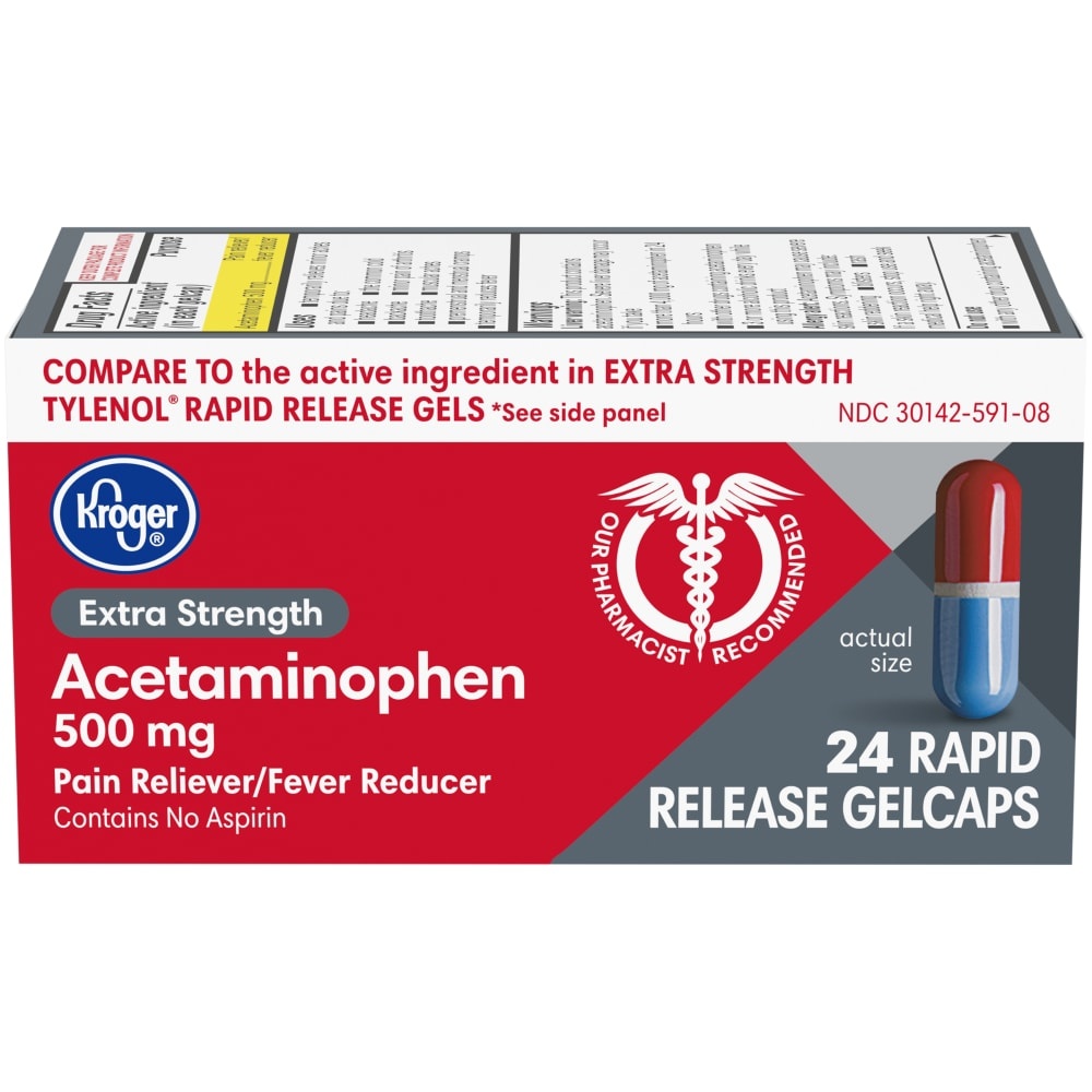 slide 1 of 1, Kroger Extra Strength Acetaminophen Rapid Release Gelcaps, 24 ct