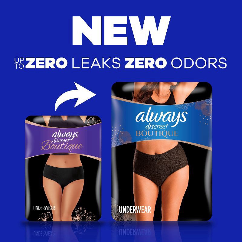 slide 7 of 11, Always Discreet Boutique Incontinence and Postpartum Underwear for Women, Maximum Protection, XL, Black, 9 Count, 9 ct
