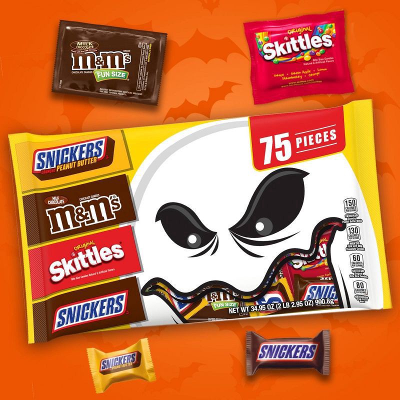 slide 2 of 8, Mars M&M's, Skittles, Snickers Halloween Fun Size Candy Variety Pack, 34.95 oz