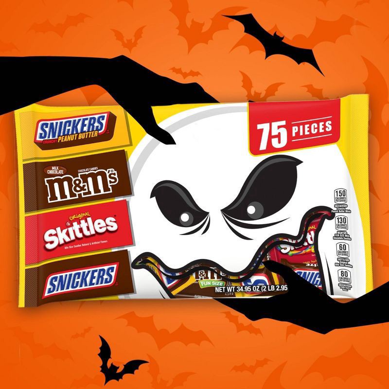 slide 3 of 8, Mars M&M's, Skittles, Snickers Halloween Fun Size Candy Variety Pack, 34.95 oz