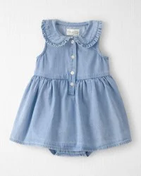 Baby Girl Organic Cotton Chambray Bodysuit Dress Spring Ozone Wash 12M