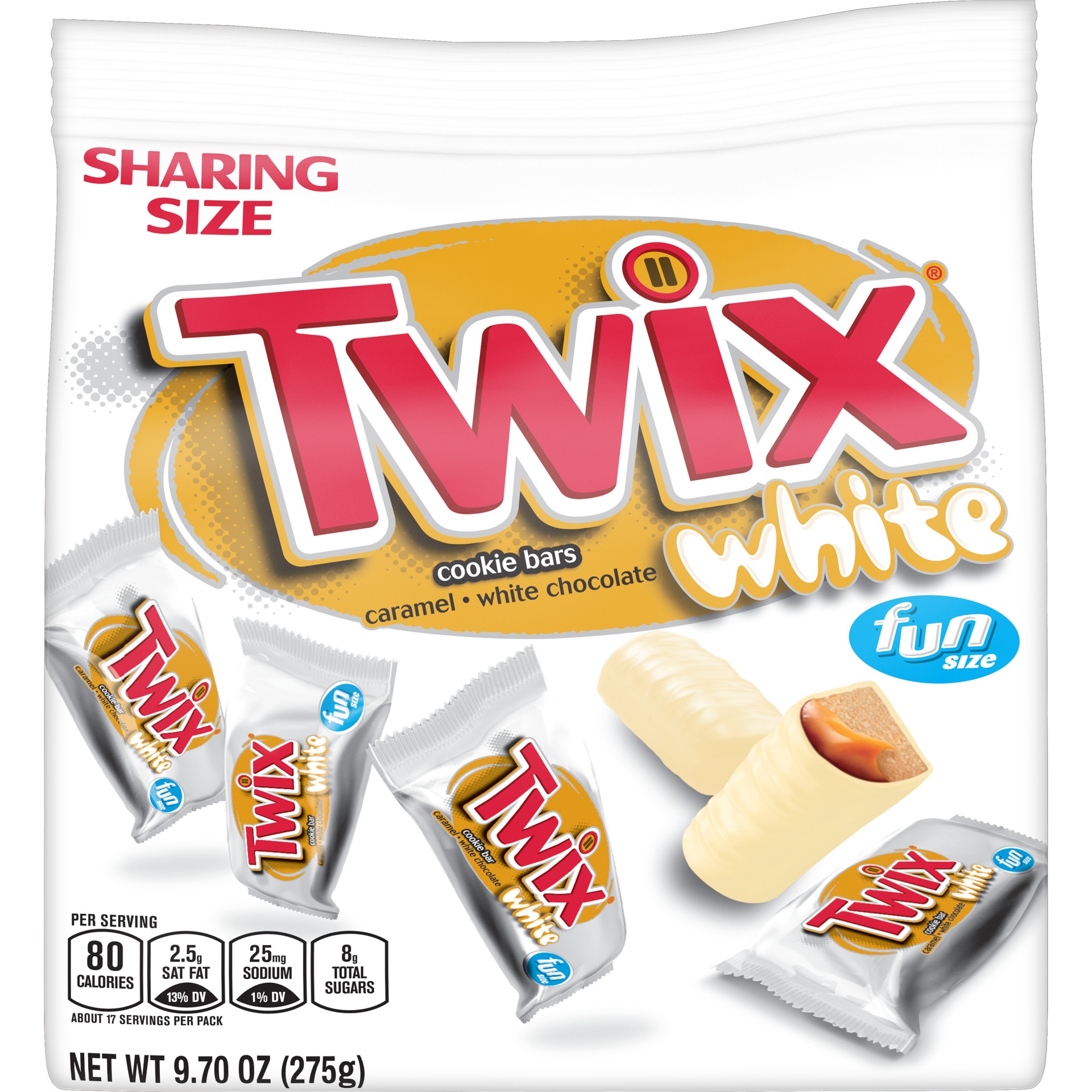 slide 1 of 5, TWIX Caramel White Chocolate Fun Size Cookie Bar Candy 9.7-Ounce Bag, 9 oz