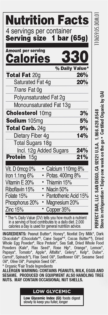 slide 2 of 9, Perfect Bar Gluten-Free Dark Chocolate Chip Peanut Butter Protein Bar, 4 count, 2.3 oz, 4 ct