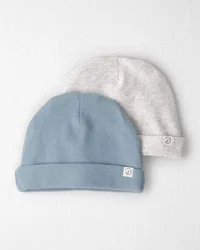 Littleplanet Baby 2-Pack Organic Cotton Rib Caps Blue Creek, Heather Grey 0-3M