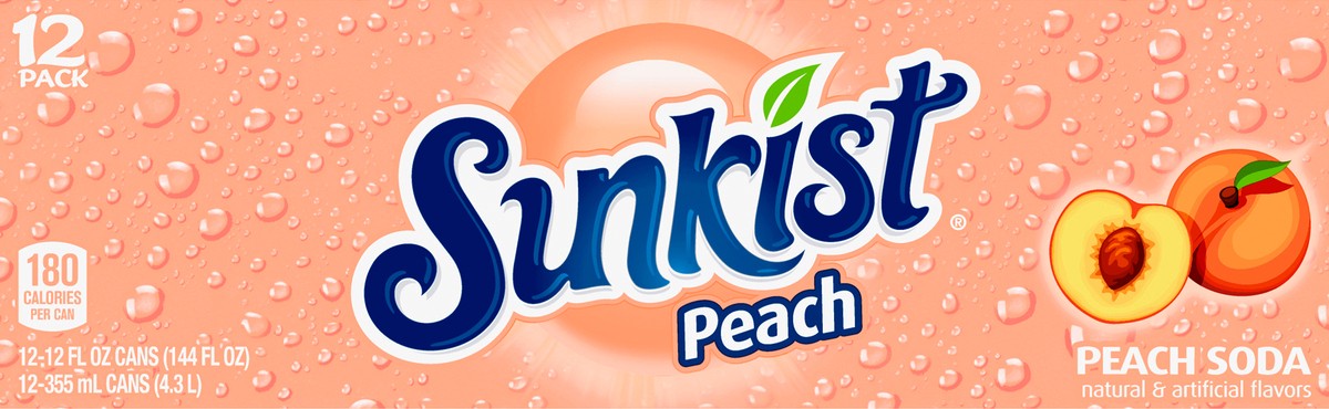 slide 6 of 9, Sunkist Peach Soda, 12 fl oz cans, 12 pack, 12 ct