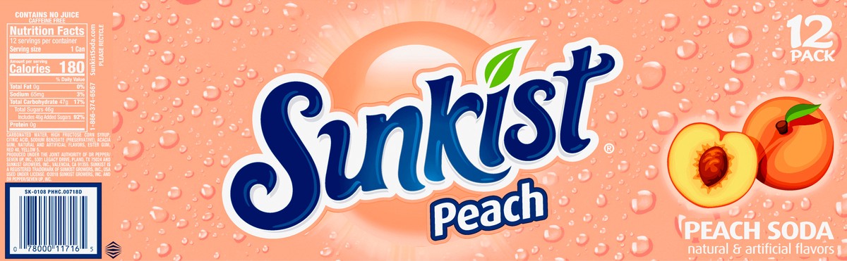 slide 4 of 9, Sunkist Peach Soda, 12 fl oz cans, 12 pack, 12 ct