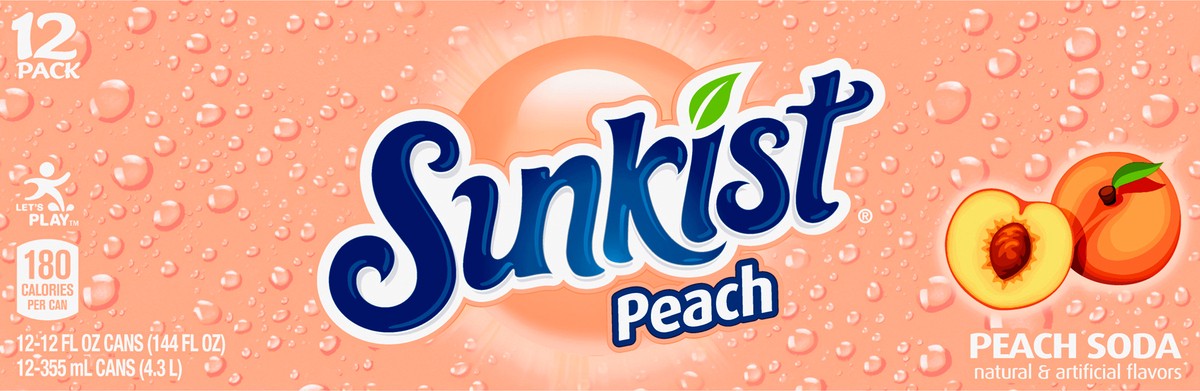 slide 5 of 9, Sunkist Peach Soda, 12 fl oz cans, 12 pack, 12 ct