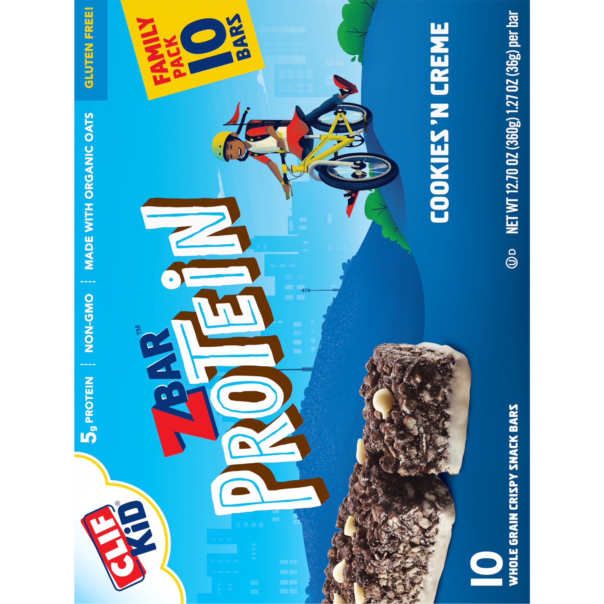 slide 6 of 7, CLIF Kid Zbar Protein - Cookies 'n Creme - Crispy Whole Grain Snack Bars - Made with Organic Oats - Non-GMO - 5g Protein - 1.27 oz. (10 Pack), 12.7 oz